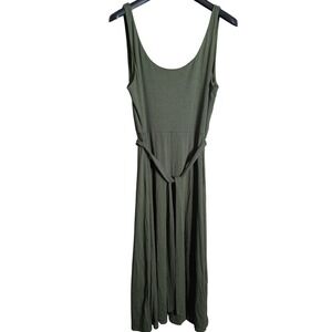 LOFT Minimalist Maxi Dress XL Olive Green Belted Jersey Knit Scoop Neck